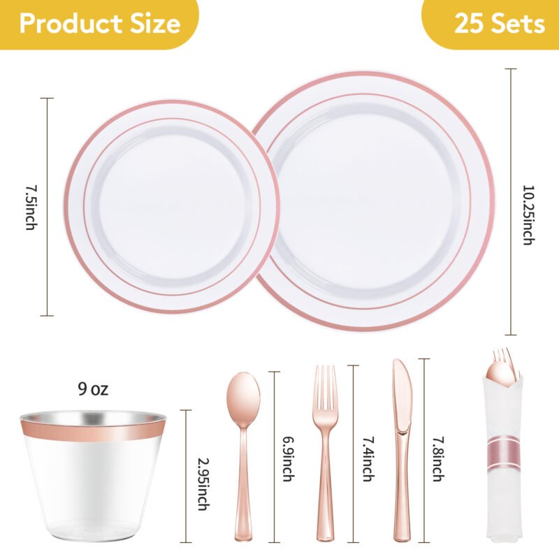 Disposable Rose Gold Plastic Dinnerware Sets with Rolled Napkins1