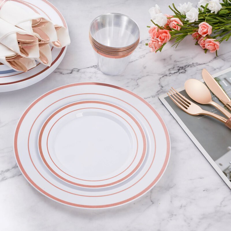 Disposable Rose Gold Plastic Dinnerware Sets with Rolled Napkins3