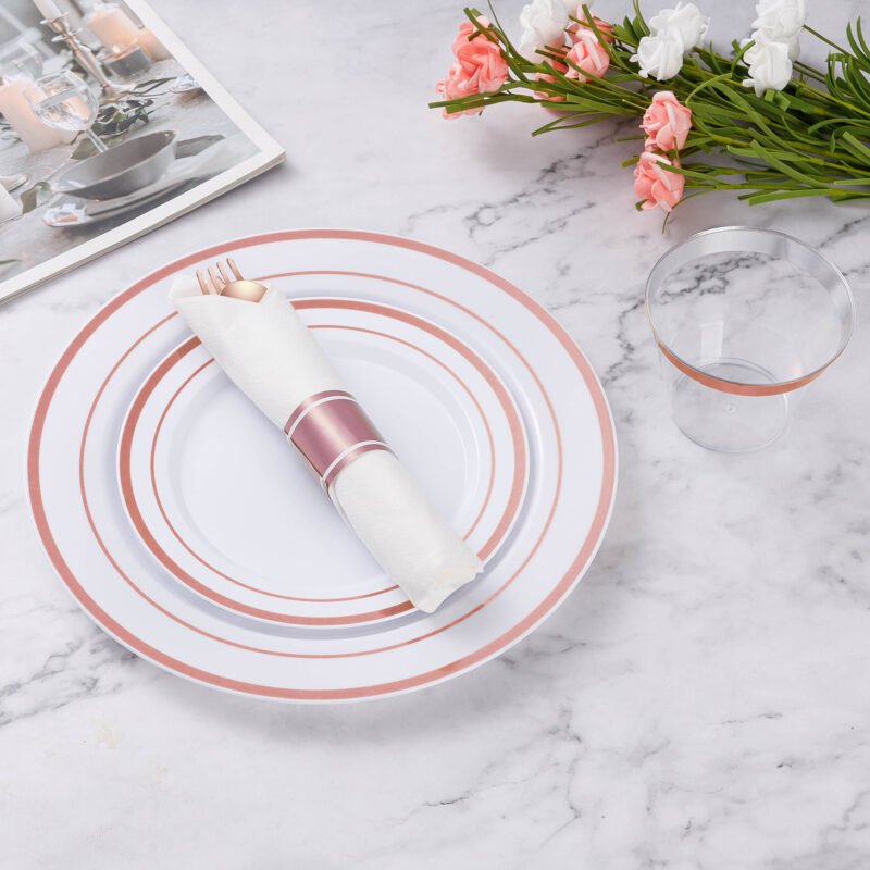 Disposable Rose Gold Plastic Dinnerware Sets with Rolled Napkins4