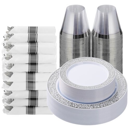 10.25"& 7.5" Silver Lace Plastic Dinnerware Sets