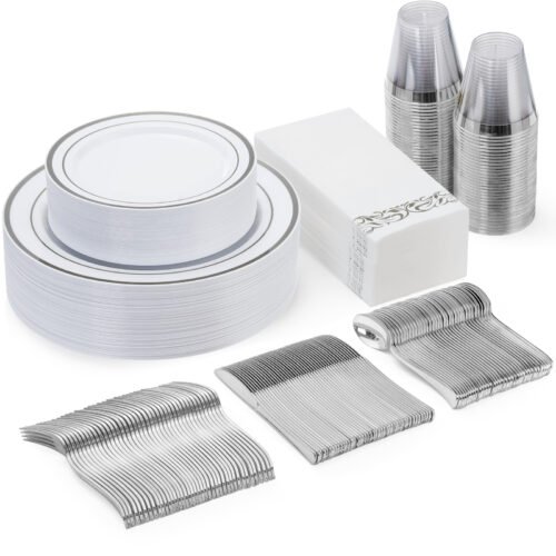 10.25"& 7.5" Silver Plastic Dinnerware Sets with Napkins