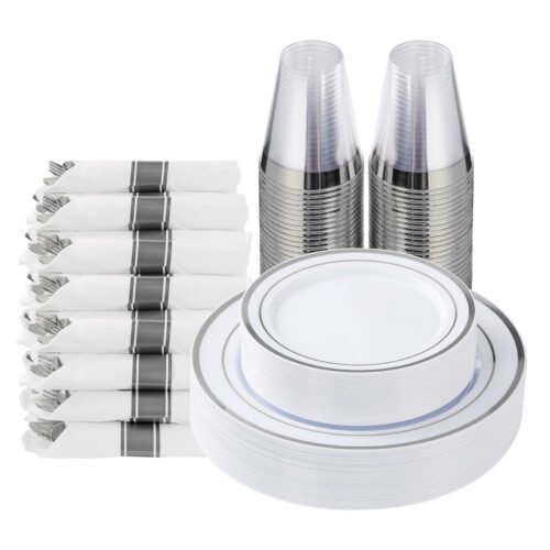 10.25"& 7.5" Silver Plastic Dinnerware Sets with Rolled Napkins