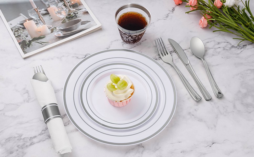 Disposable Silver Plastic Dinnerware Sets with Rolled Napkins a3