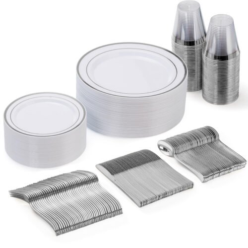 10.25"& 7.5" White Silver Plastic Dinnerware Sets