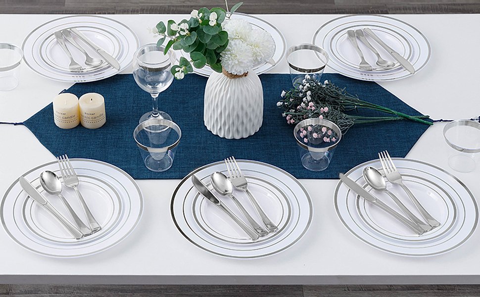 Disposable White Silver Plastic Dinnerware SetsA2
