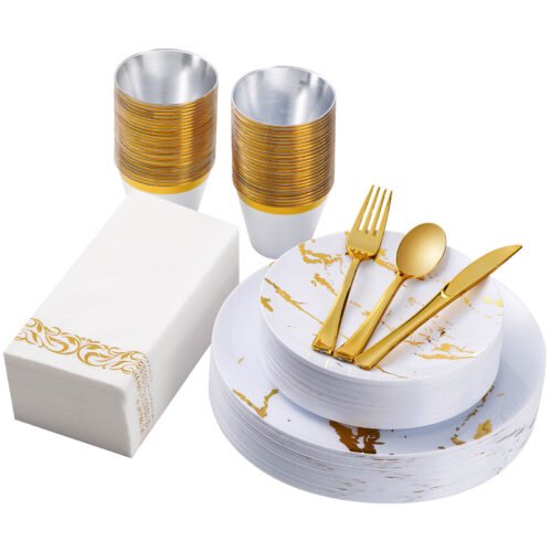 10.25"& 7.5" White and Gold Marble Plastic Dinnerware Sets