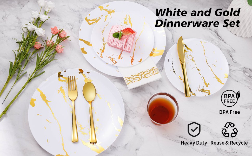 Disposable White and Gold Marble Plastic Dinnerware Sets a1
