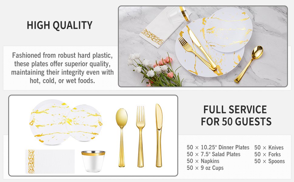 Disposable White and Gold Marble Plastic Dinnerware Sets a2
