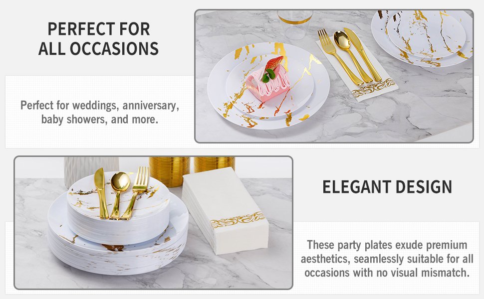 Disposable White and Gold Marble Plastic Dinnerware Sets a3