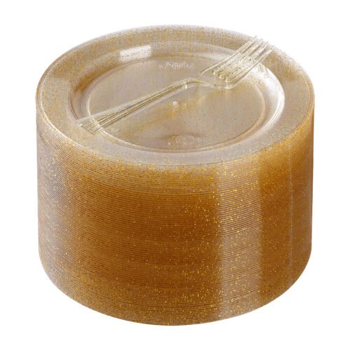 7" Gold Glitter Dessert Plates with 5.7" Forks
