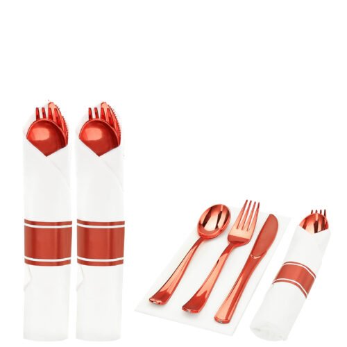Red Rolled Plastic Cutlery Sets