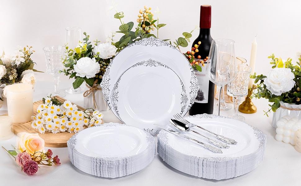 10.25& 7.5 White Silver Retro Plates Sets A6