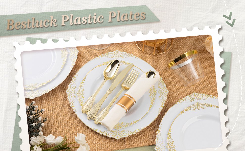 10.25&7.5 White Gold Retro Plastic Dinnerware Sets A1