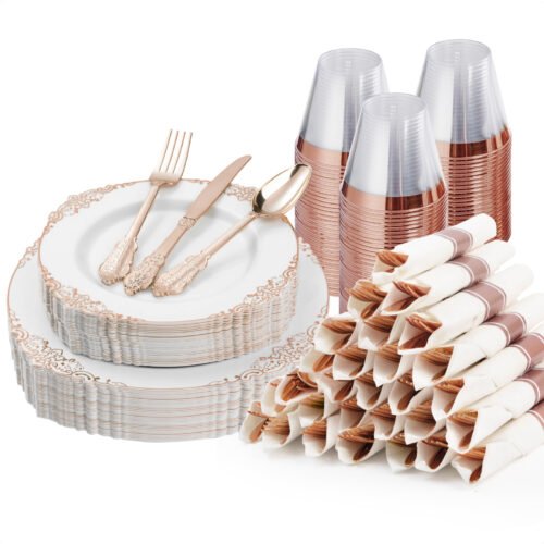 10.25&7.5 White Rose Gold Retro Rolled Plastic Dinnerware Sets