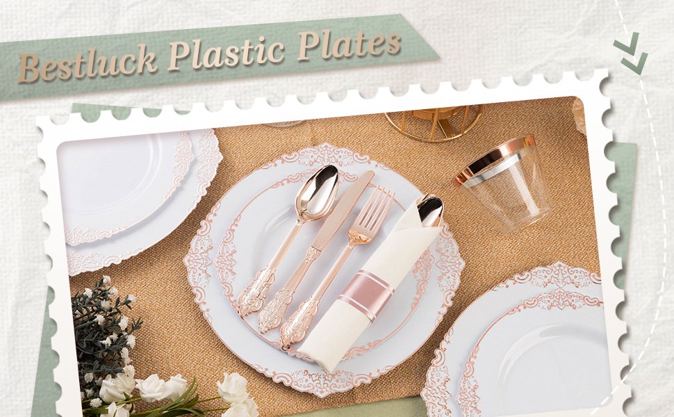 10.25&7.5 White Rose Gold Retro Rolled Plastic Dinnerware Sets A1