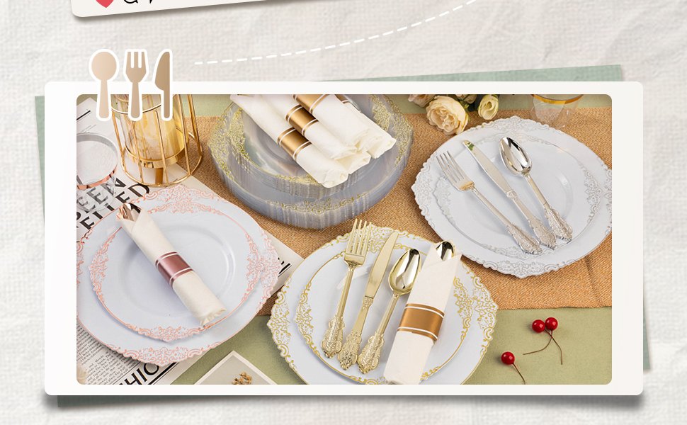 10.25&7.5 White Rose Gold Retro Rolled Plastic Dinnerware Sets A5