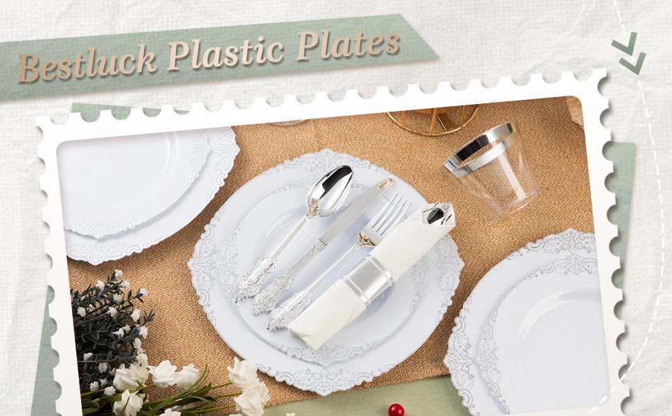 10.25&7.5 White Silver Retro Rolled Plastic Dinnerware Sets A1