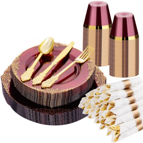 Clear Pink Rolled Plastic Dinnerware Sets