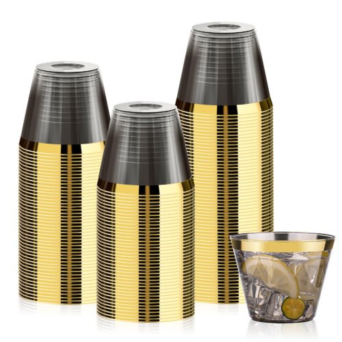 9oz Black Plastic Cups with Gold Rim