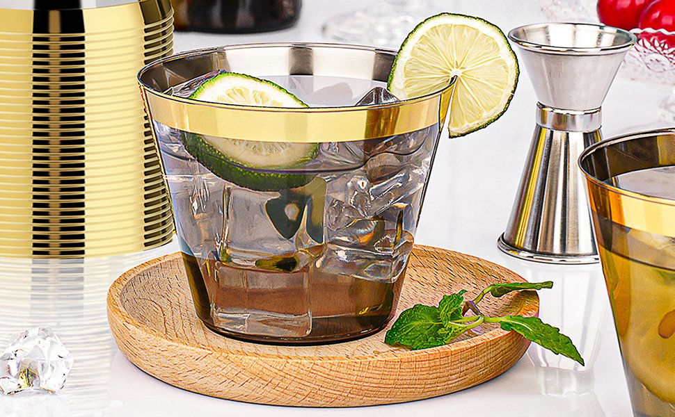 9oz Black Plastic Cups with Gold Rim A4