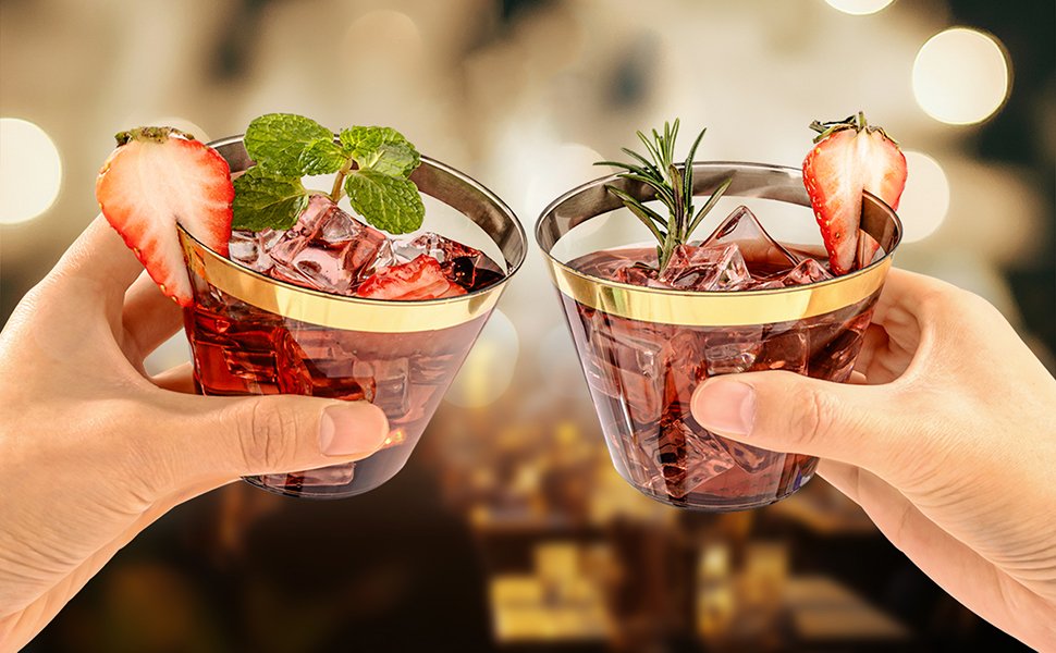 9oz Black Plastic Cups with Gold Rim A5