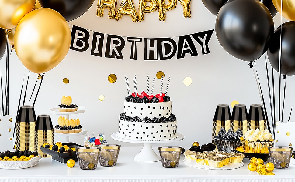 9oz Black Plastic Cups with Gold Rim A8