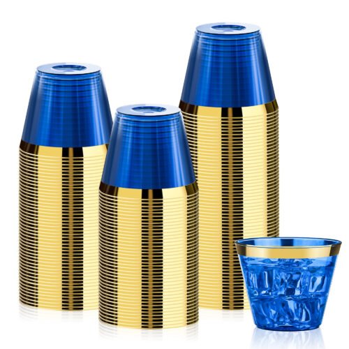 9oz Blue Plastic Cups with Gold Rim