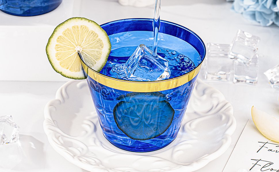 9oz Blue Plastic Cups with Gold Rim A1