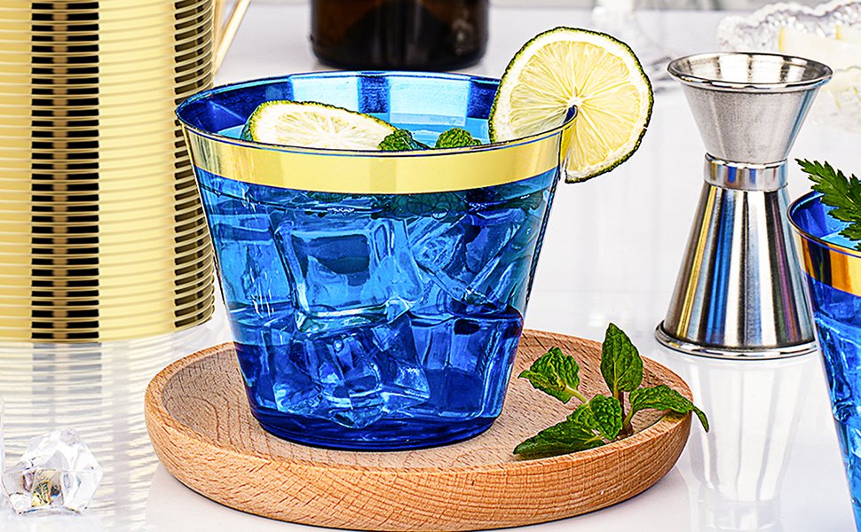 9oz Blue Plastic Cups with Gold Rim A3
