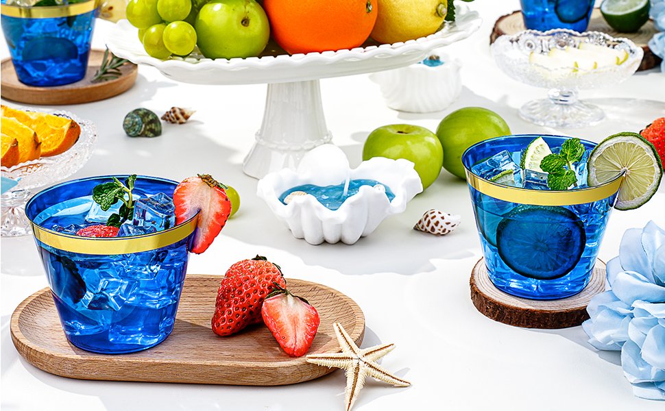 9oz Blue Plastic Cups with Gold Rim A5