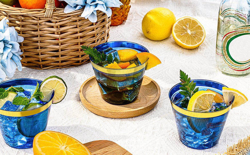 9oz Blue Plastic Cups with Gold Rim A6