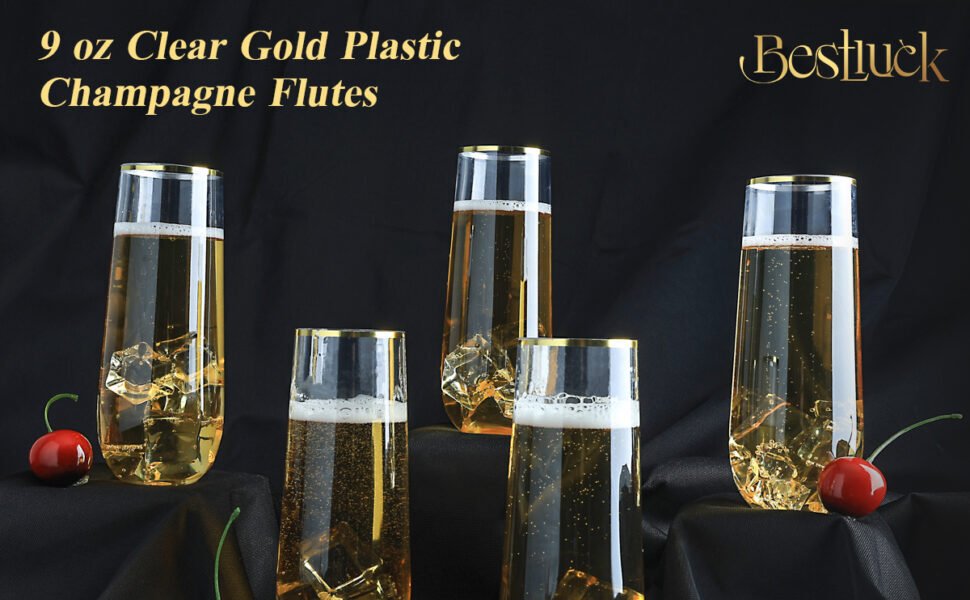 9oz Clear Gold Round Plastic Champagne Flutes A1