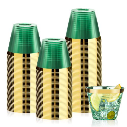 9oz Green Plastic Cups with Gold Rim