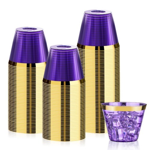 9oz Purple Plastic Cups with Gold Rim