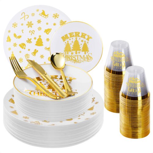 10.25"& 7.5" Christmas Gold Plastic Dinnerware Sets