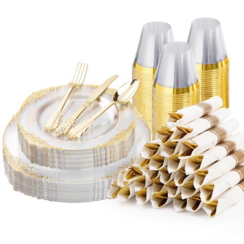 Clear Gold Retro Rolled Plastic Dinnerware Sets