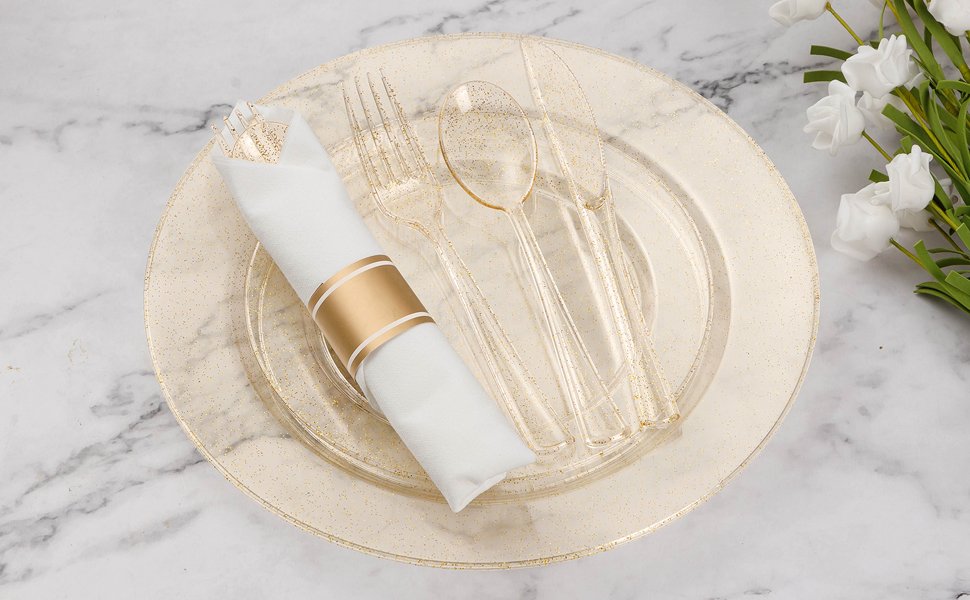 Gold Glitter Rolled Plastic Cutlery Sets A1