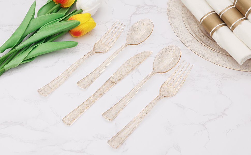 Gold Glitter Rolled Plastic Cutlery Sets A2