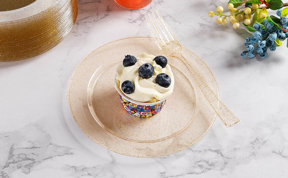 Gold Glitter Round Plates with Forks A2