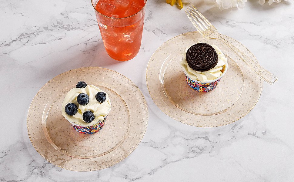 Gold Glitter Round Plates with Forks A3