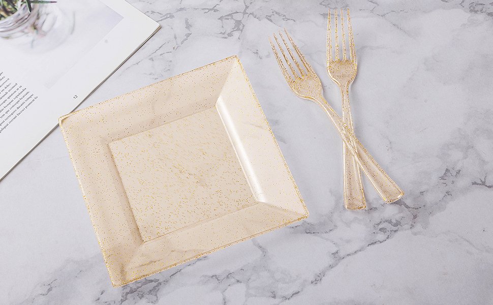 Gold Glitter Square Plastic Plates with Forks A1