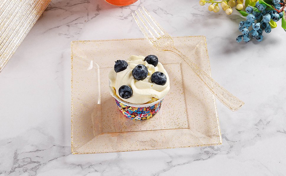 Gold Glitter Square Plastic Plates with Forks  A2