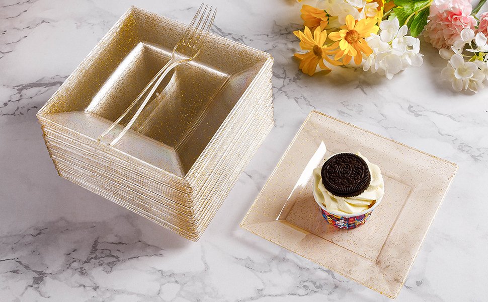 Gold Glitter Square Plastic Plates with Forks A4