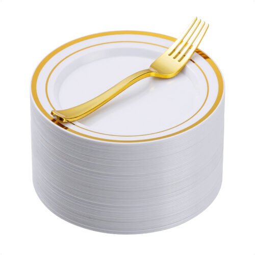 7" Gold Round Dessert Plates with 7.4" Forks