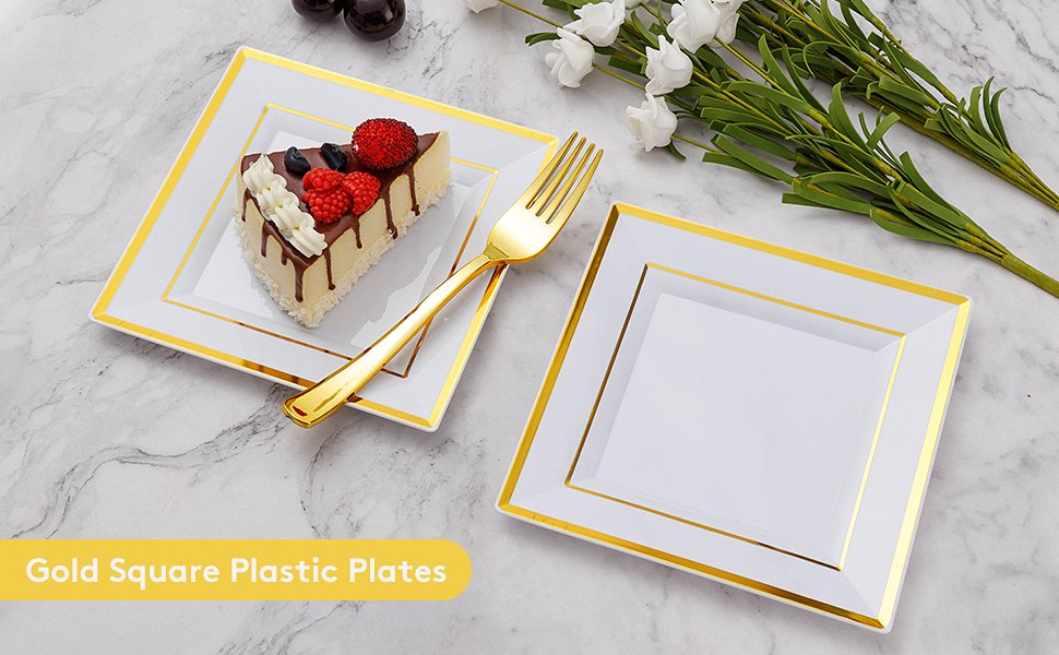 Gold Square Plastic Plates with Forks A1
