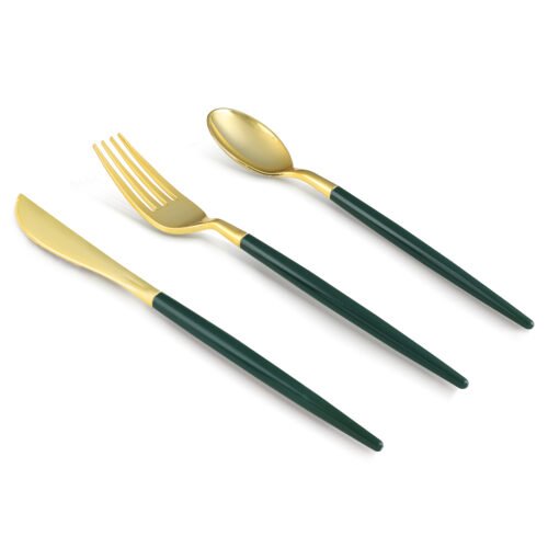 Gold with Green Handle Plastic Cutlery Sets