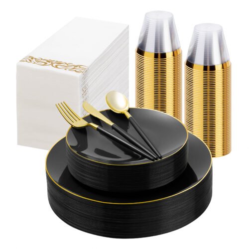 10.25”&7.5 Black with Gold Rim Dinnerware Sets