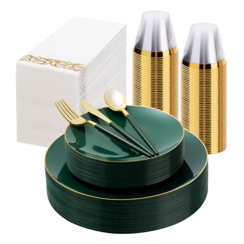 10.25”&7.5 Green with Gold Rim Dinnerware Sets