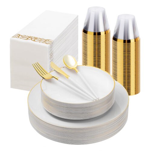 10.25”&7.5 White with Gold Rim Dinnerware Sets